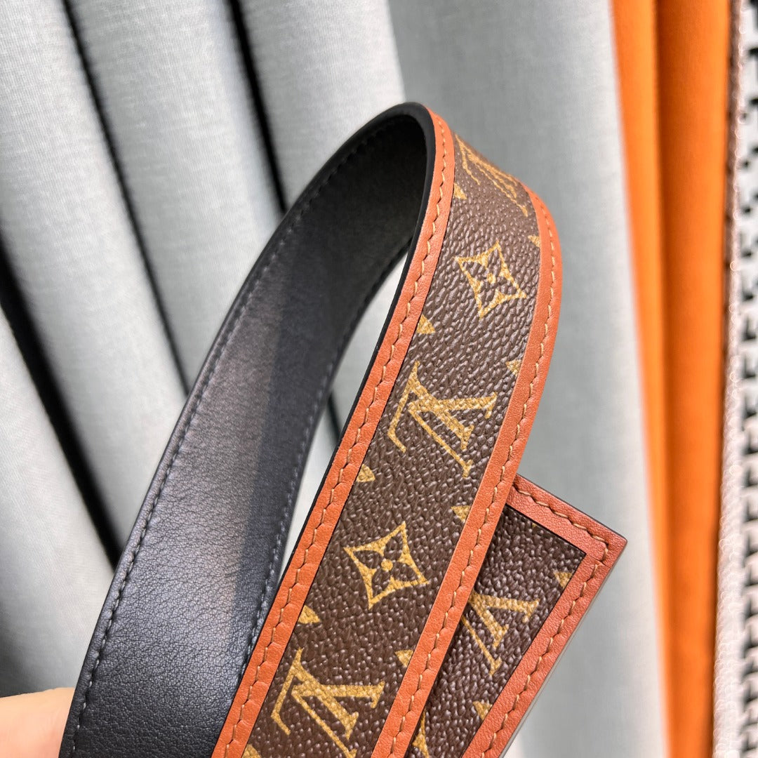 Louis Vuitton LV Initiales Monogram Canvas Belt with Gold Buckle Brown