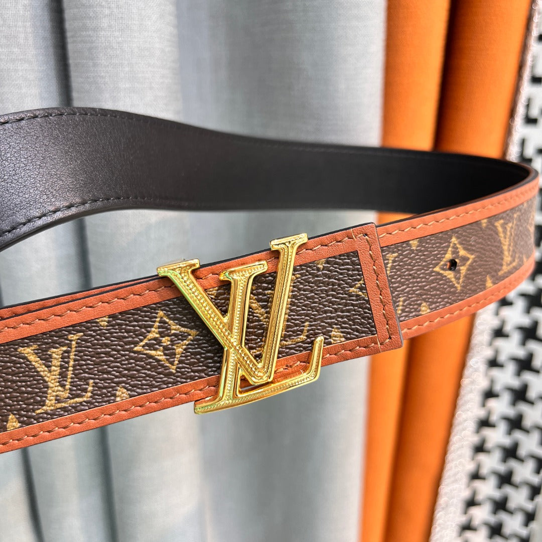 Louis Vuitton LV Initiales Monogram Canvas Belt with Gold Buckle Brown