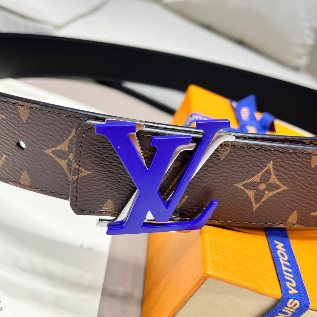 Louis Vuitton LV Initiales 40mm Monogram Canvas Belt with Blue Buckle, Brown