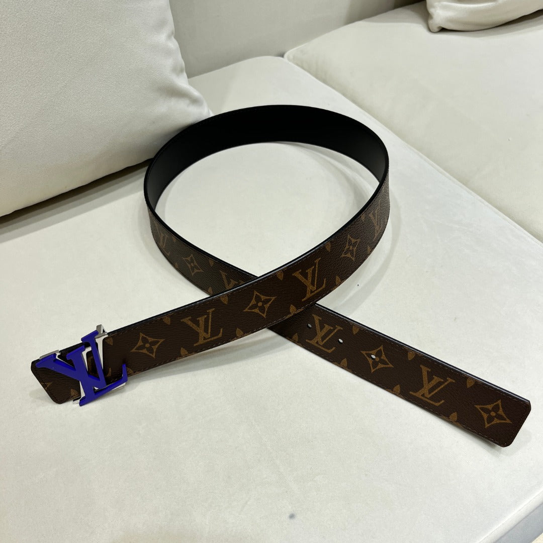 Louis Vuitton LV Initiales 40mm Monogram Canvas Belt with Blue Buckle, Brown