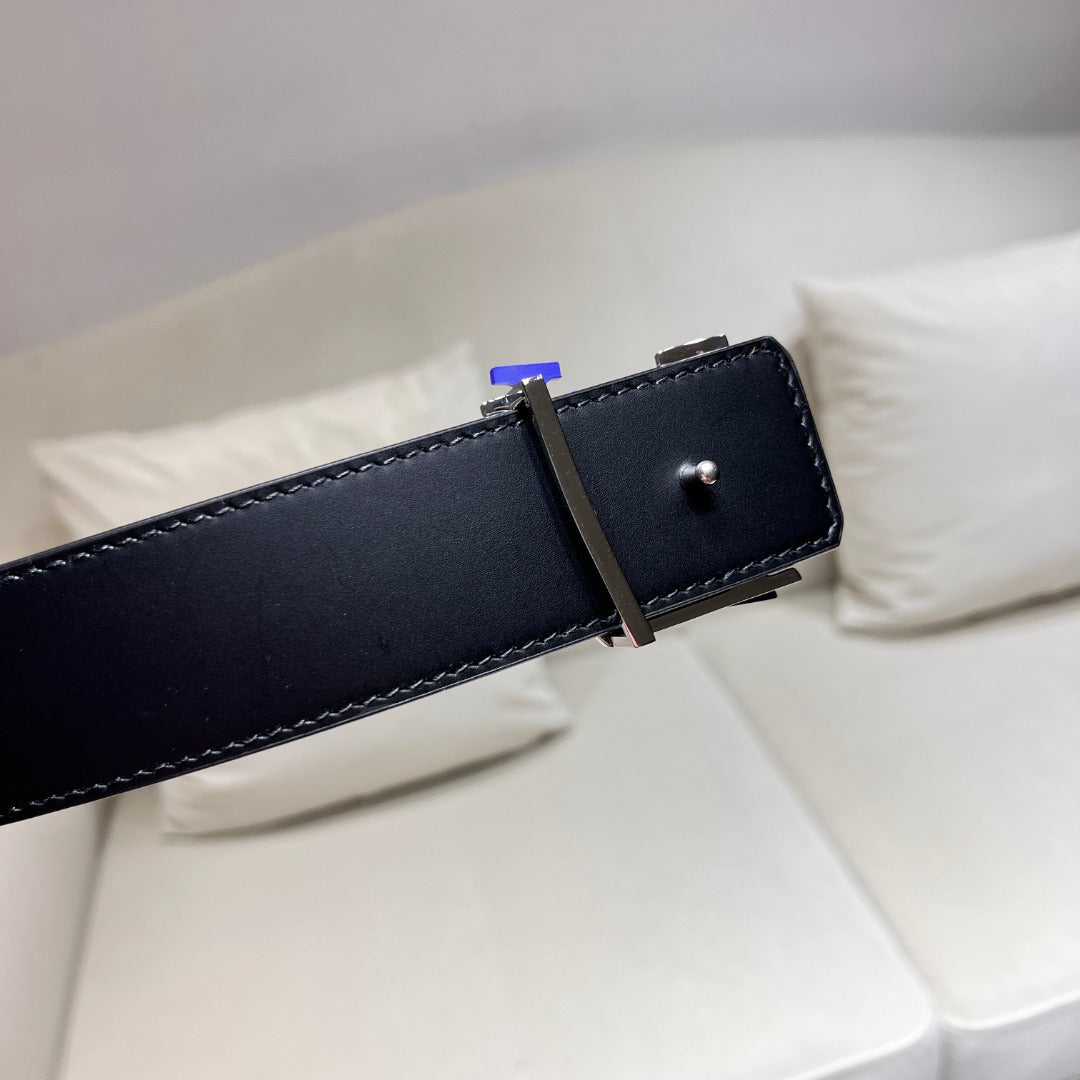 Louis Vuitton LV Initiales 40mm Monogram Canvas Belt with Blue Buckle, Brown