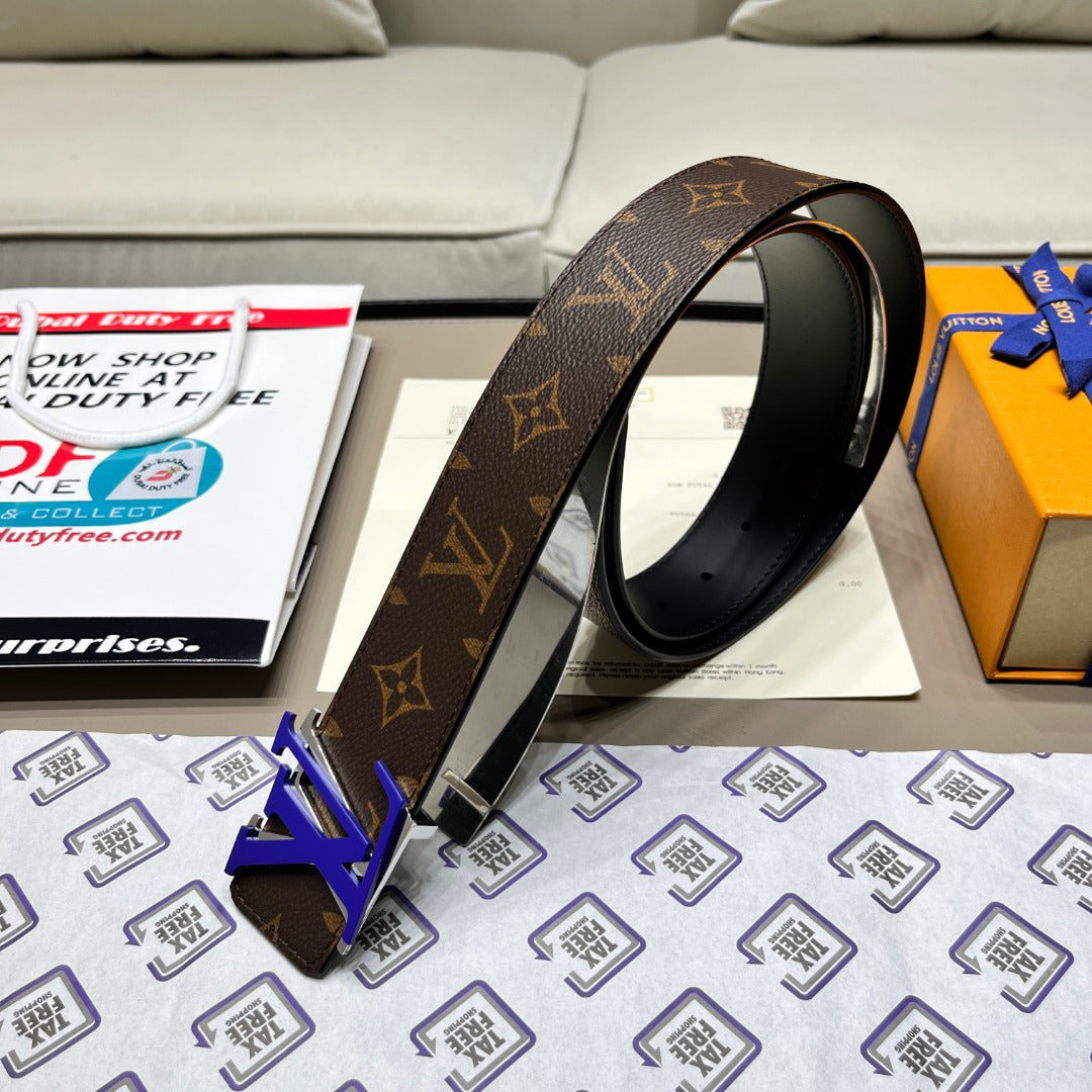 Louis Vuitton LV Initiales 40mm Monogram Canvas Belt with Blue Buckle, Brown