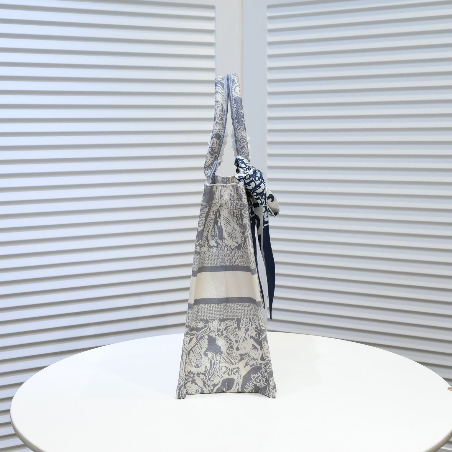 Dior Grey Toile de Jouy Canvas Tote Bag with Handle Ribbon Scarf