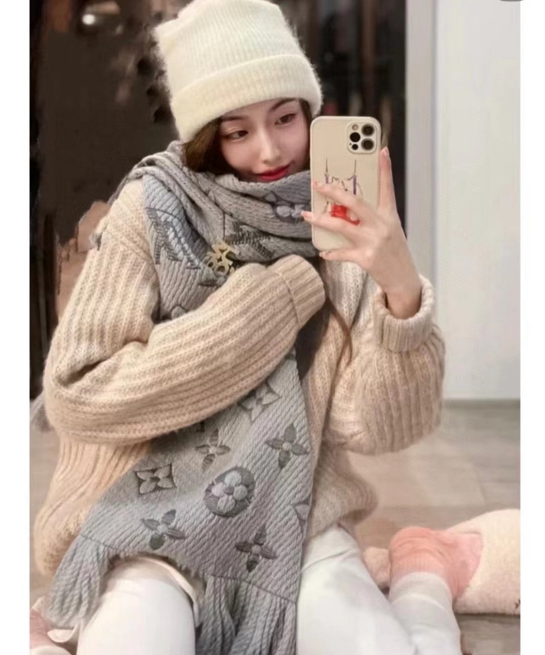 Women's Grey Monogram Pattern Knit Scarf with Fringe - Cozy Winter Neck Warmer Shawl and Wrap