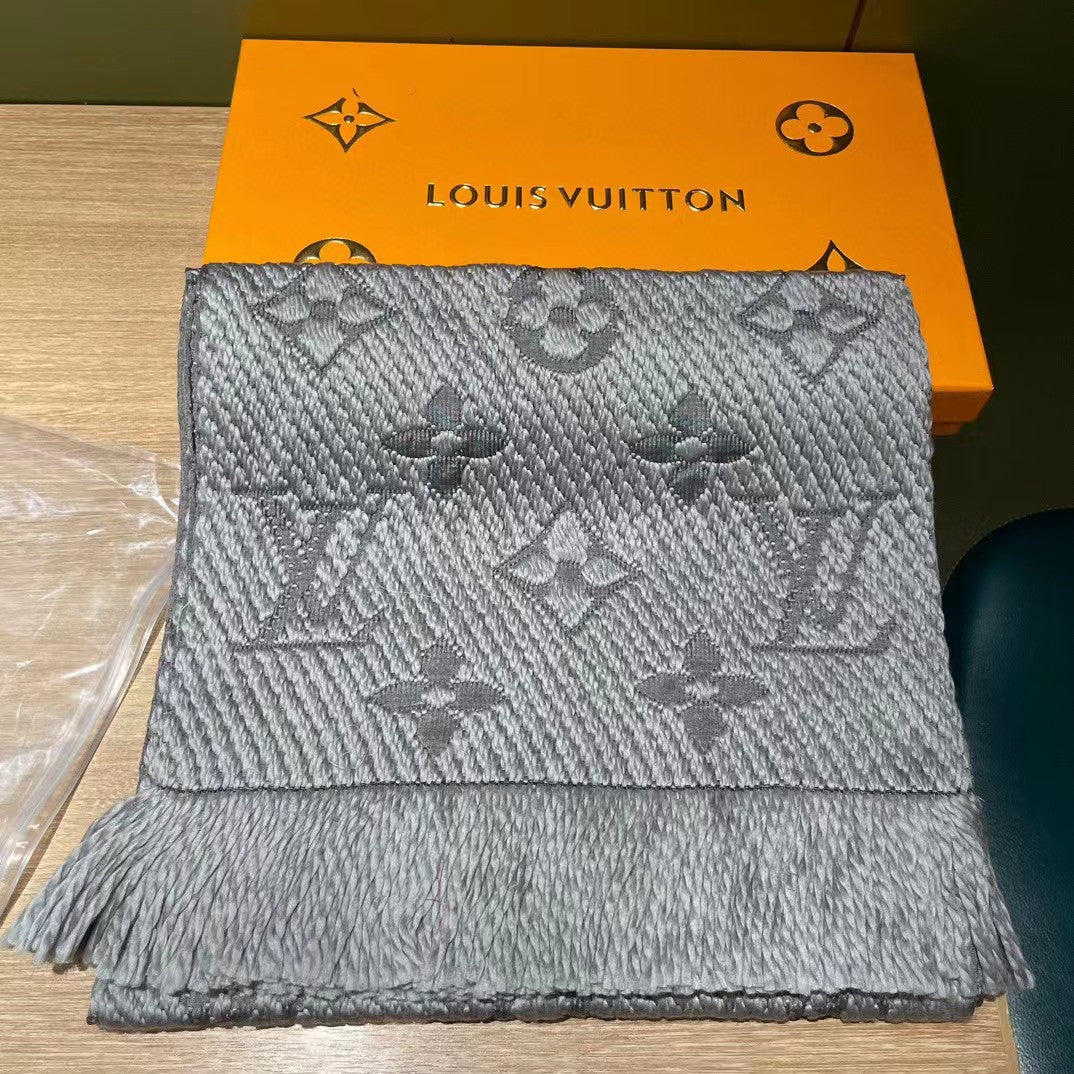 Women's Grey Monogram Pattern Knit Scarf with Fringe - Cozy Winter Neck Warmer Shawl and Wrap
