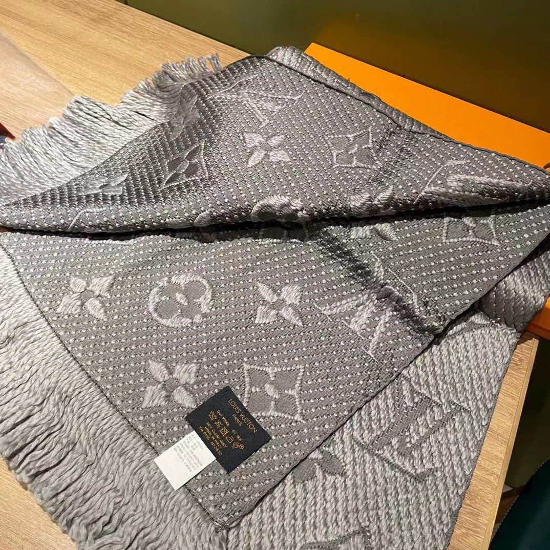 Women's Grey Monogram Pattern Knit Scarf with Fringe - Cozy Winter Neck Warmer Shawl and Wrap