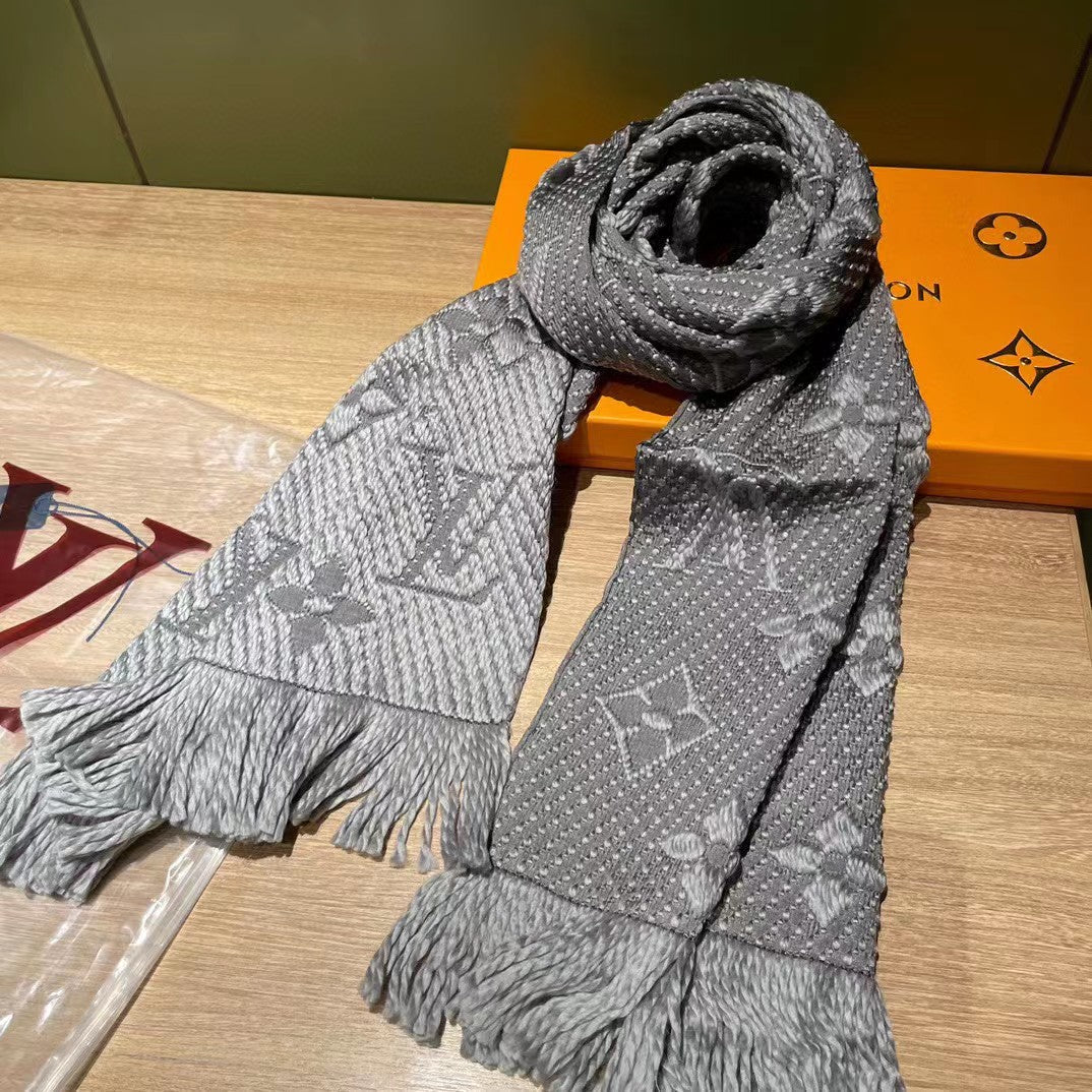 Women's Grey Monogram Pattern Knit Scarf with Fringe - Cozy Winter Neck Warmer Shawl and Wrap