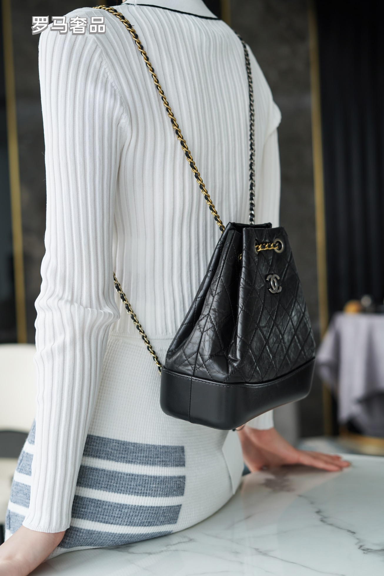 Chanel Gabrielle Small Bucket Bag - Black Quilted Calfskin with Mixed Metal Hardware