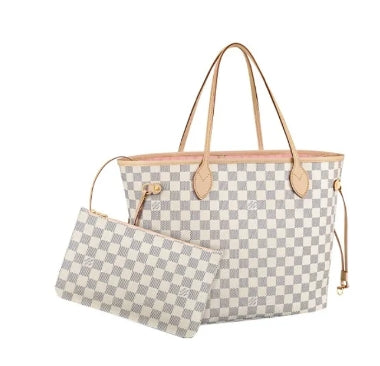 Classic White and Beige Checkered Tote Bag with Removable Pouch - Damier Pattern Canvas Shoulder Bag