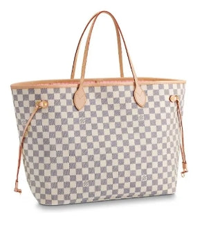 Checkered Canvas Tote Bag with Leather Trim - Large Shoulder Handbag - White and Grey