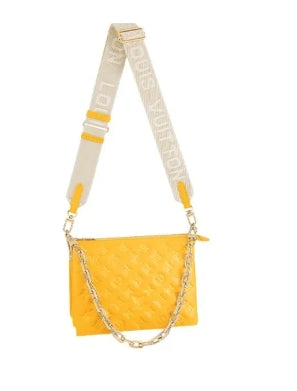 Yellow Quilted Crossbody Bag with Wide Branded Strap and Gold Chain Handle