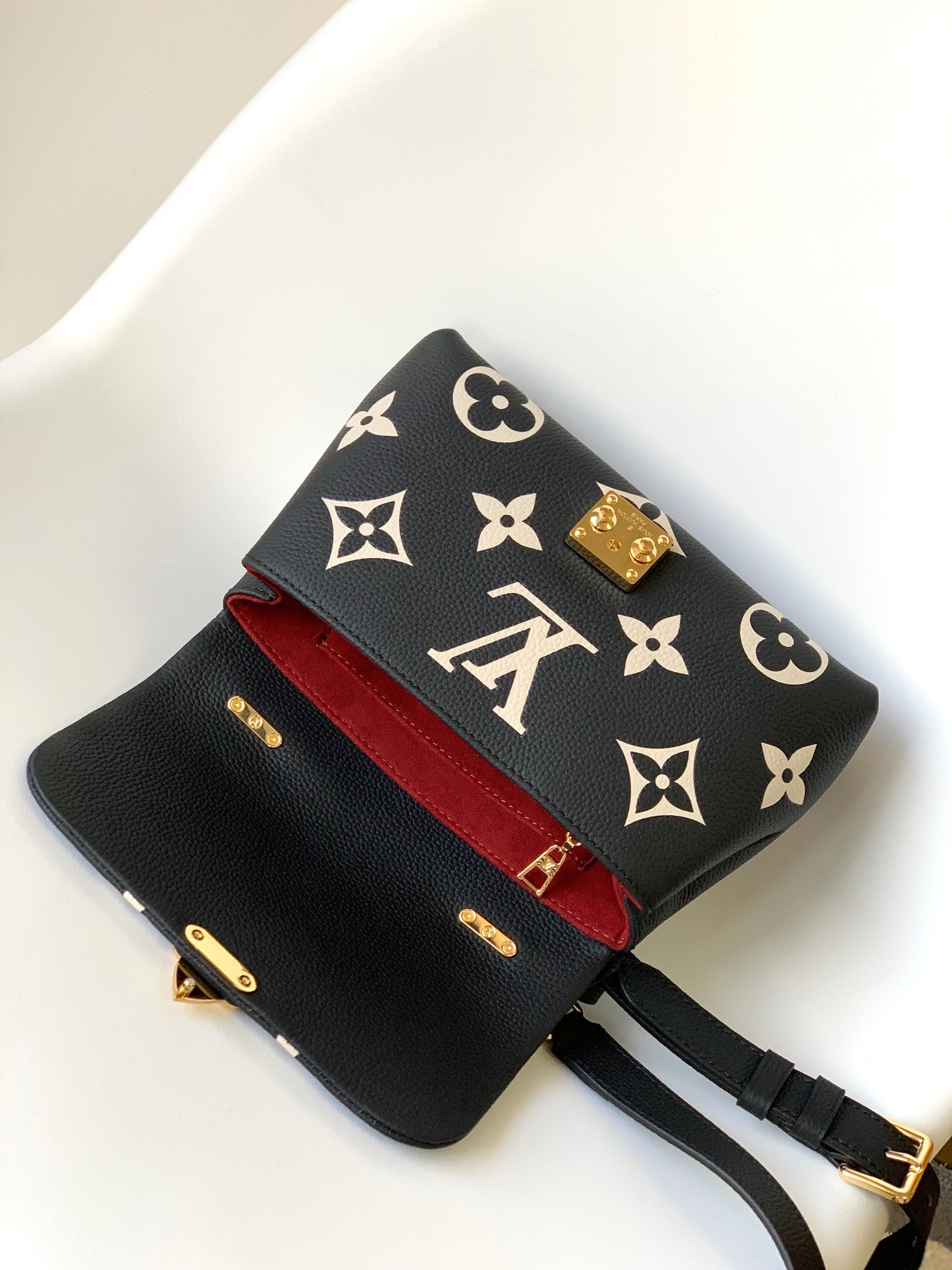 Louis Vuitton Black Leather Top Handle Shoulder Bag with Gold Floral Pattern