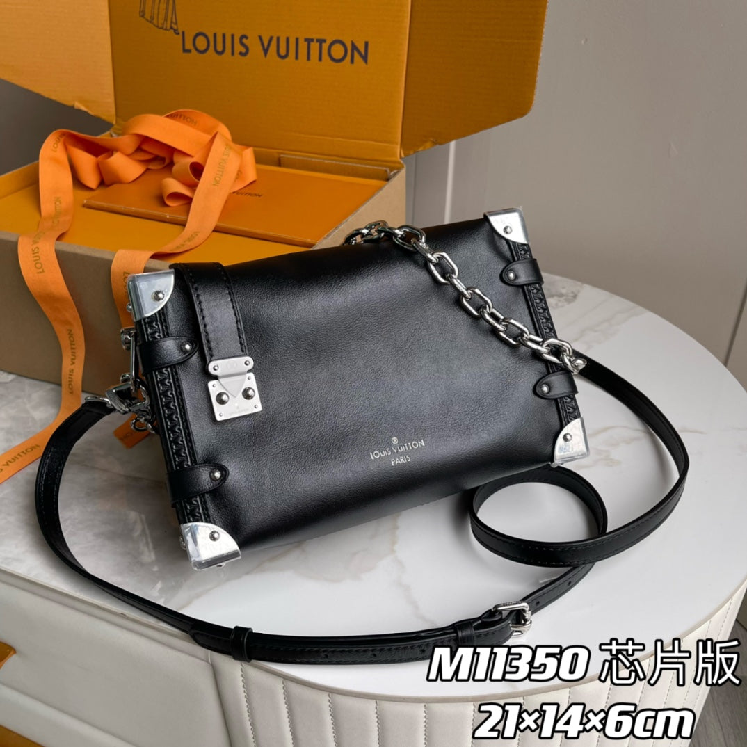 Louis Vuitton Side Trunk Black Leather Handbag with Silver Hardware