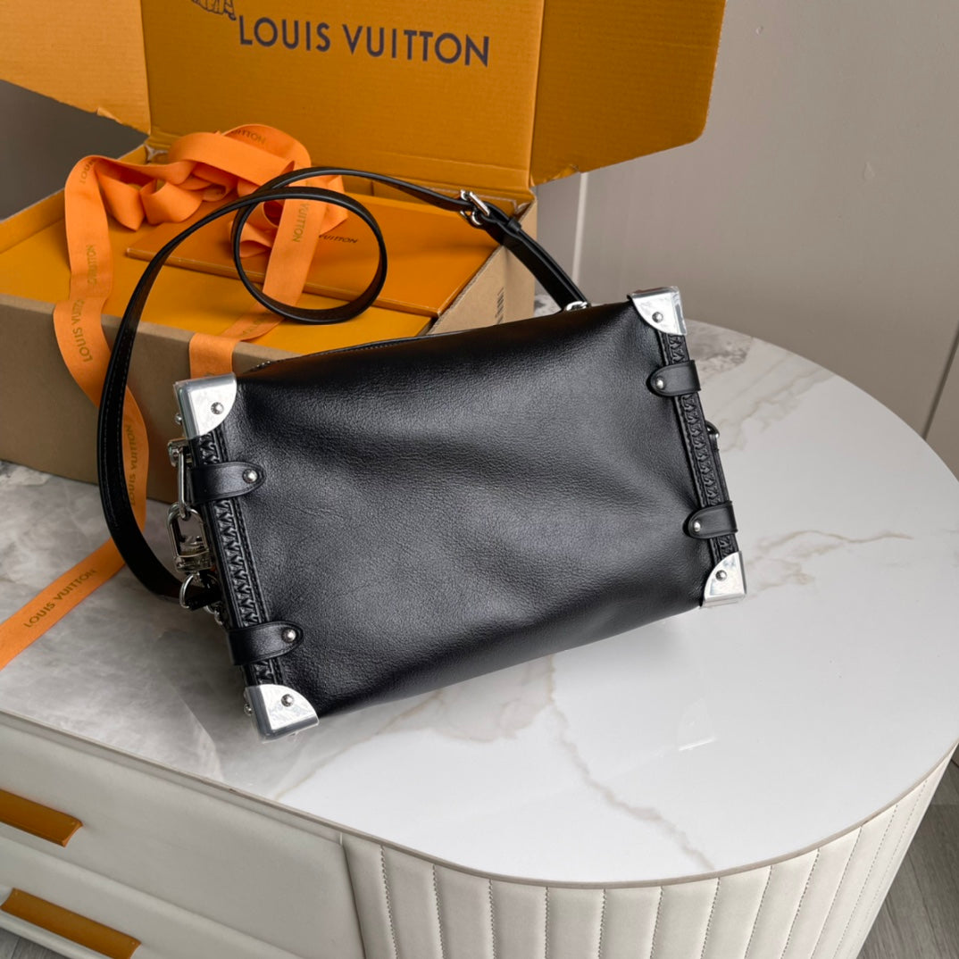 Louis Vuitton Side Trunk Black Leather Handbag with Silver Hardware
