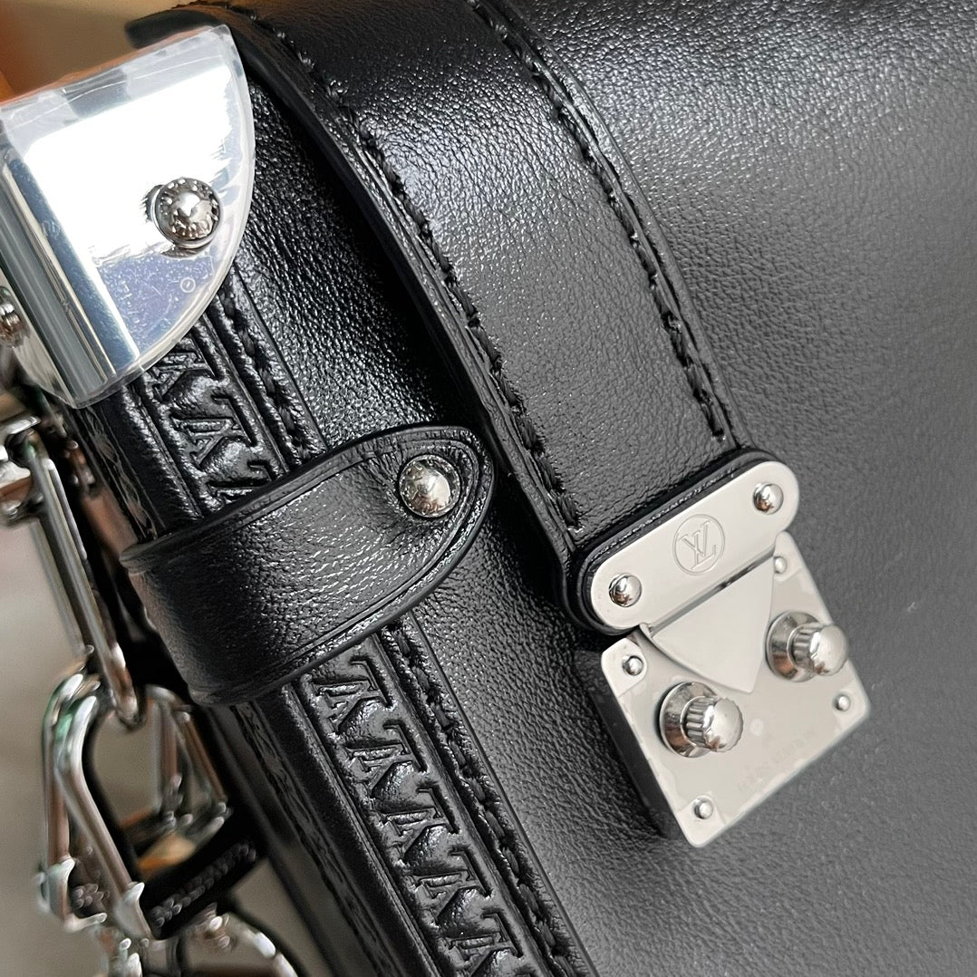 Louis Vuitton Side Trunk Black Leather Handbag with Silver Hardware
