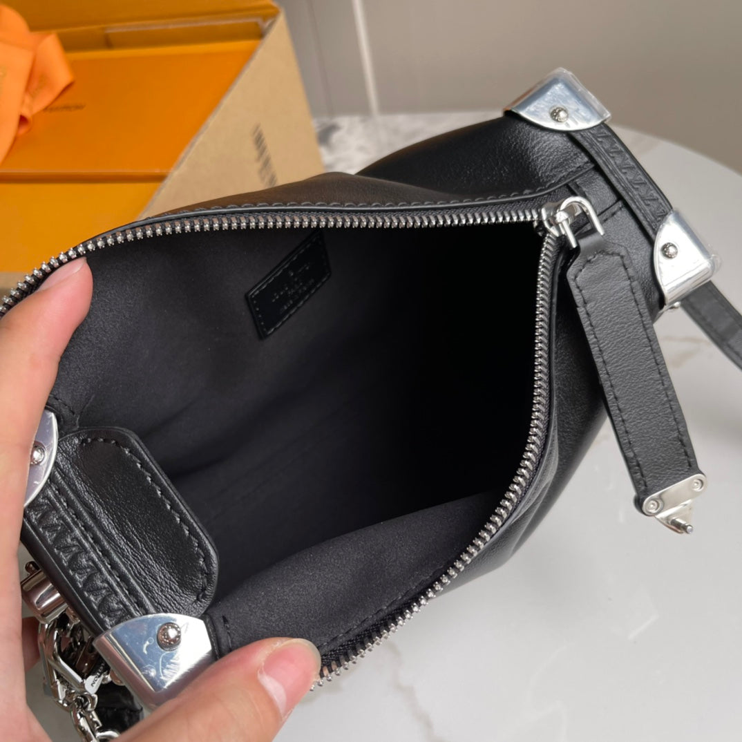 Louis Vuitton Side Trunk Black Leather Handbag with Silver Hardware