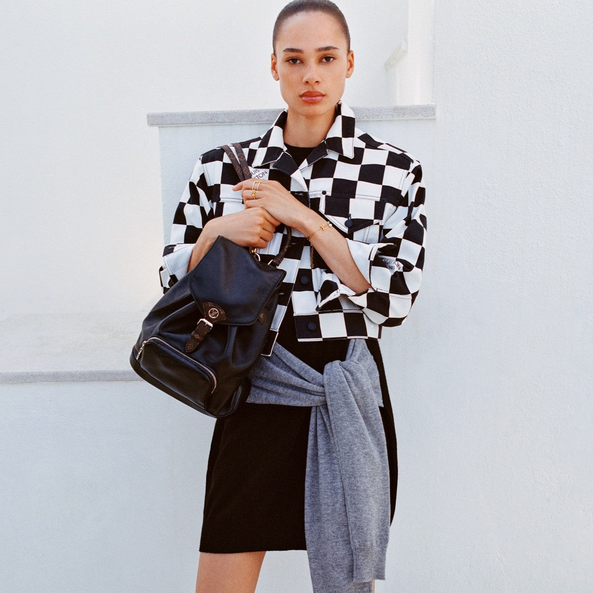 Marc Ellis New York Black Leather Backpack with Silver Chain and Monogram Straps