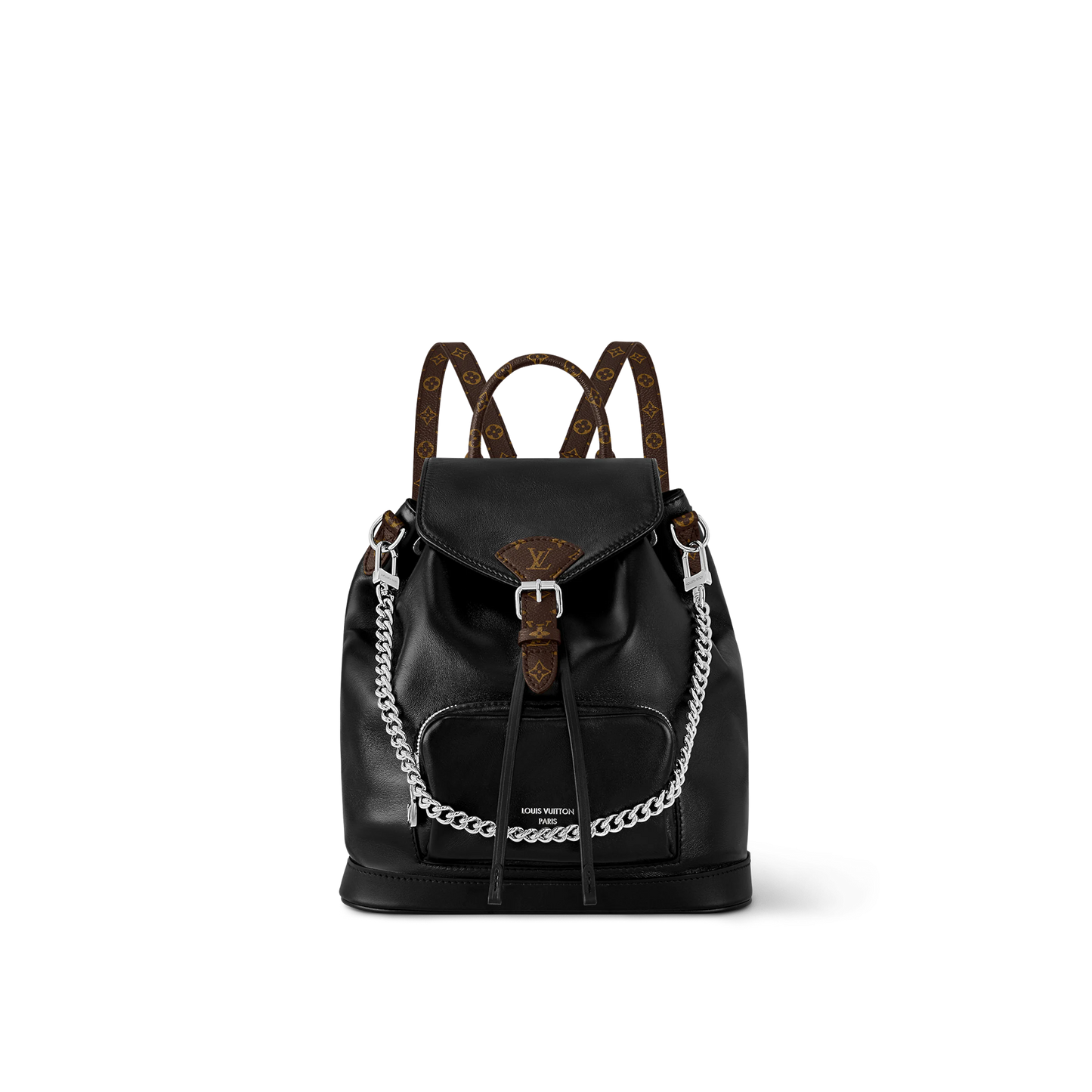 Marc Ellis New York Black Leather Backpack with Silver Chain and Monogram Straps