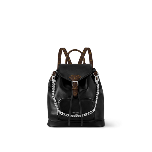 Marc Ellis New York Black Leather Backpack with Silver Chain and Monogram Straps