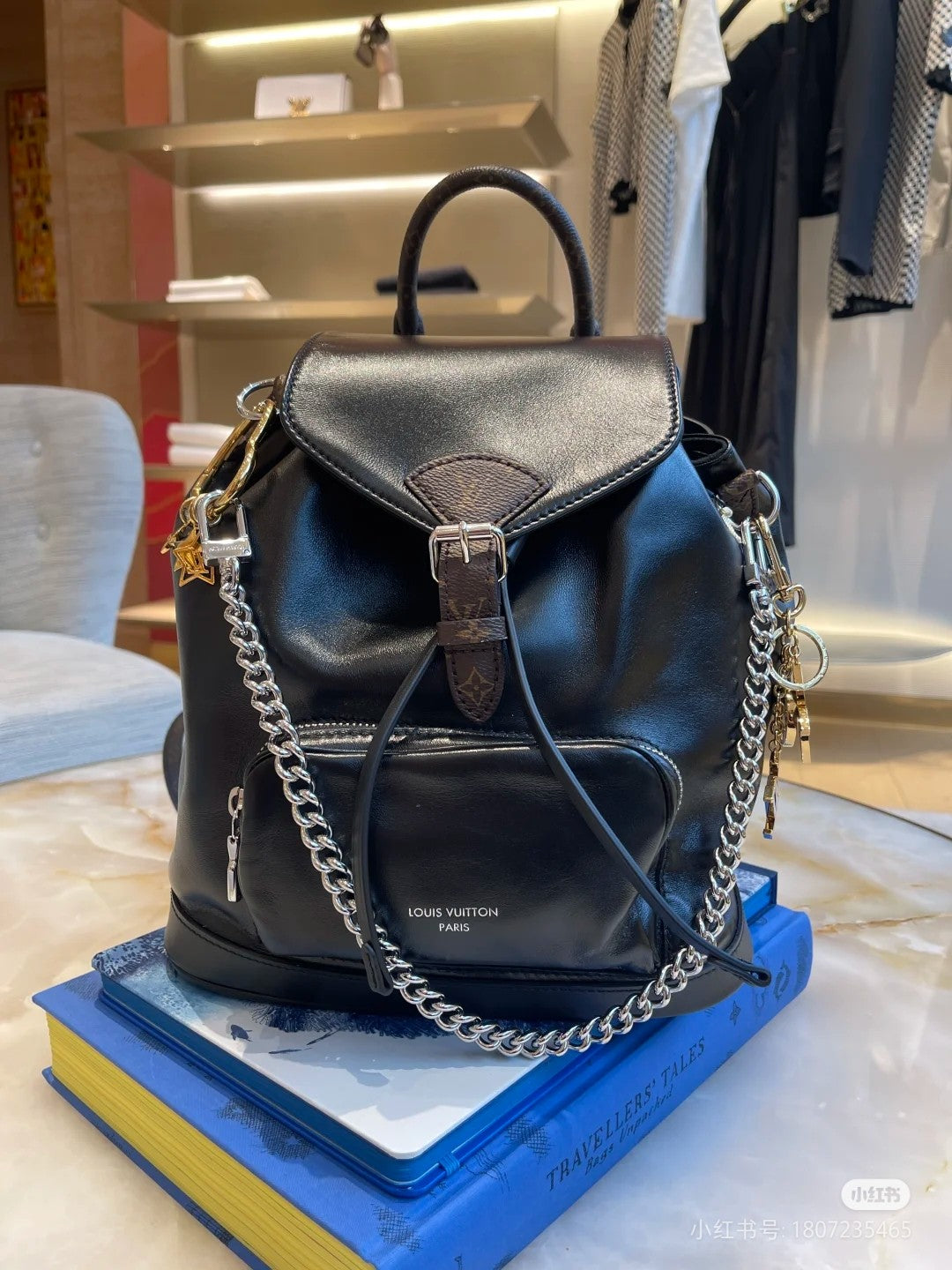 Marc Ellis New York Black Leather Backpack with Silver Chain and Monogram Straps