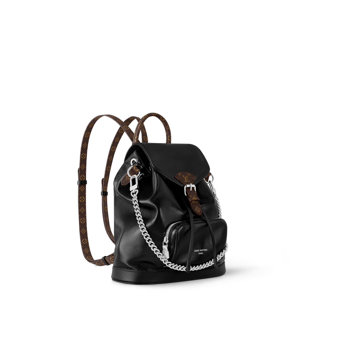 Marc Ellis New York Black Leather Backpack with Silver Chain and Monogram Straps