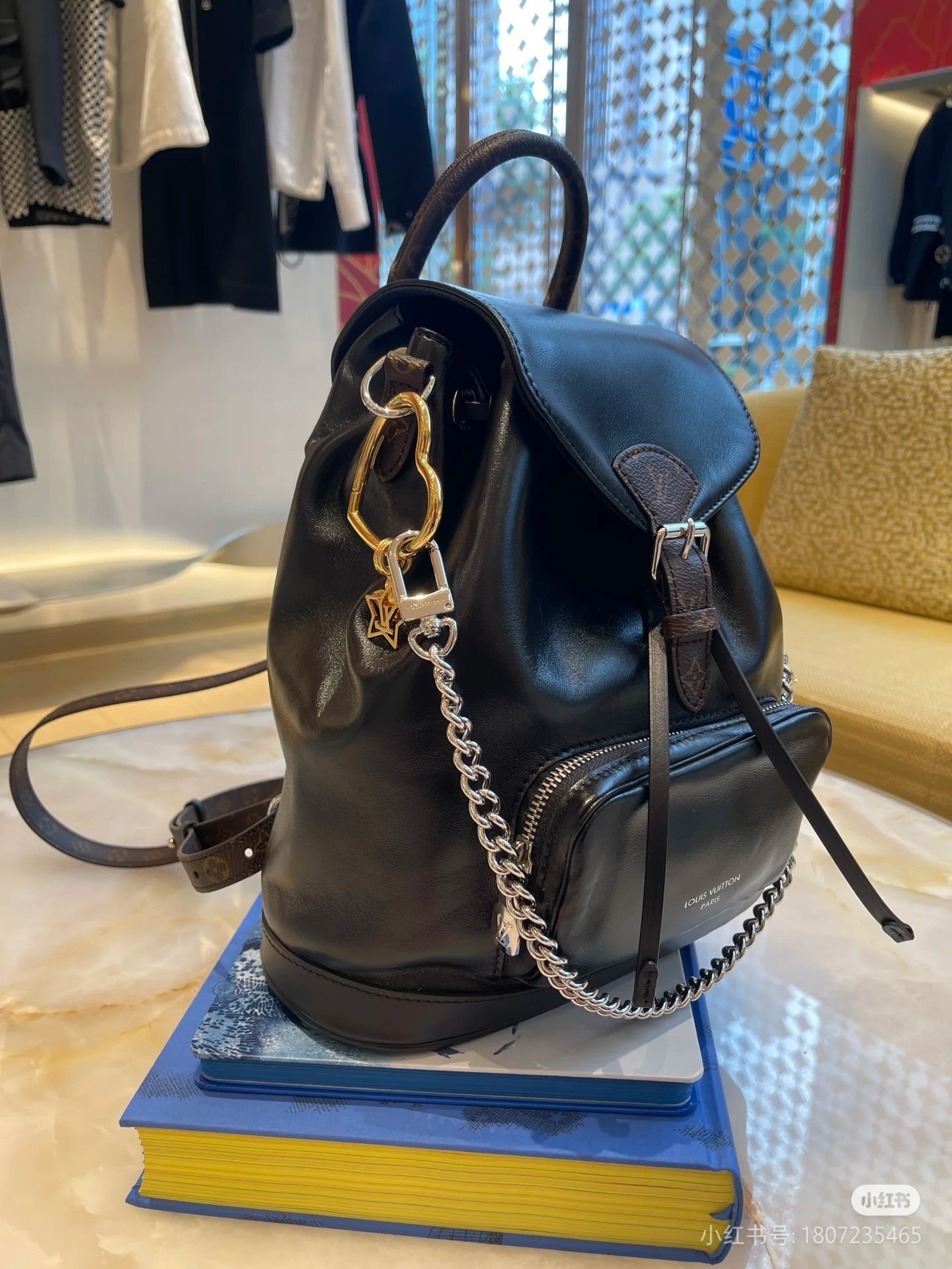 Marc Ellis New York Black Leather Backpack with Silver Chain and Monogram Straps