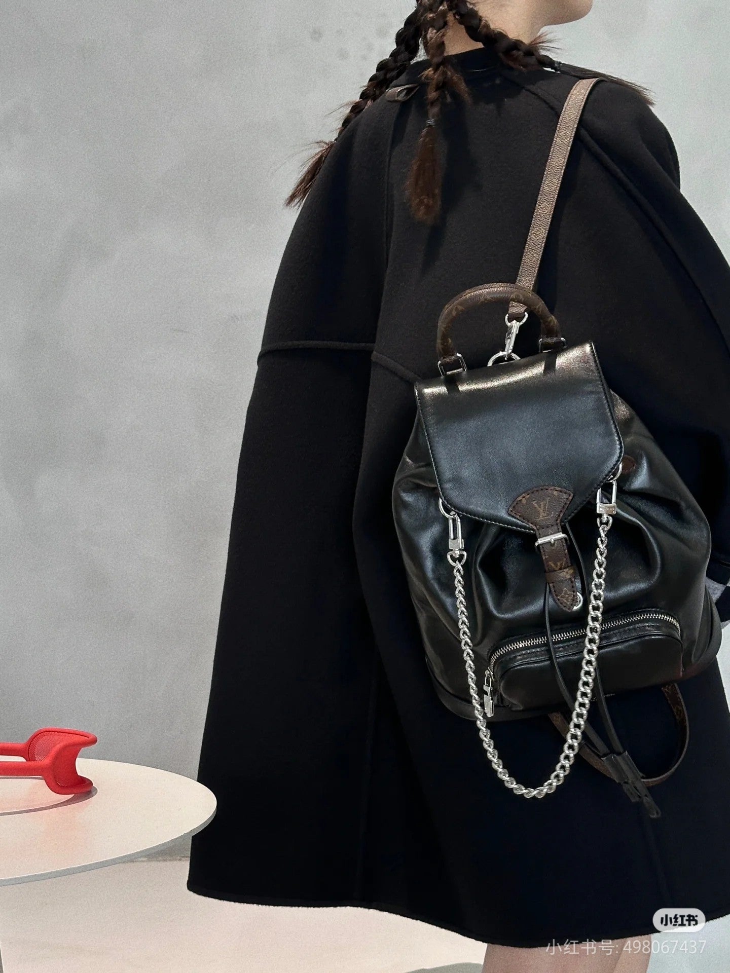 Marc Ellis New York Black Leather Backpack with Silver Chain and Monogram Straps