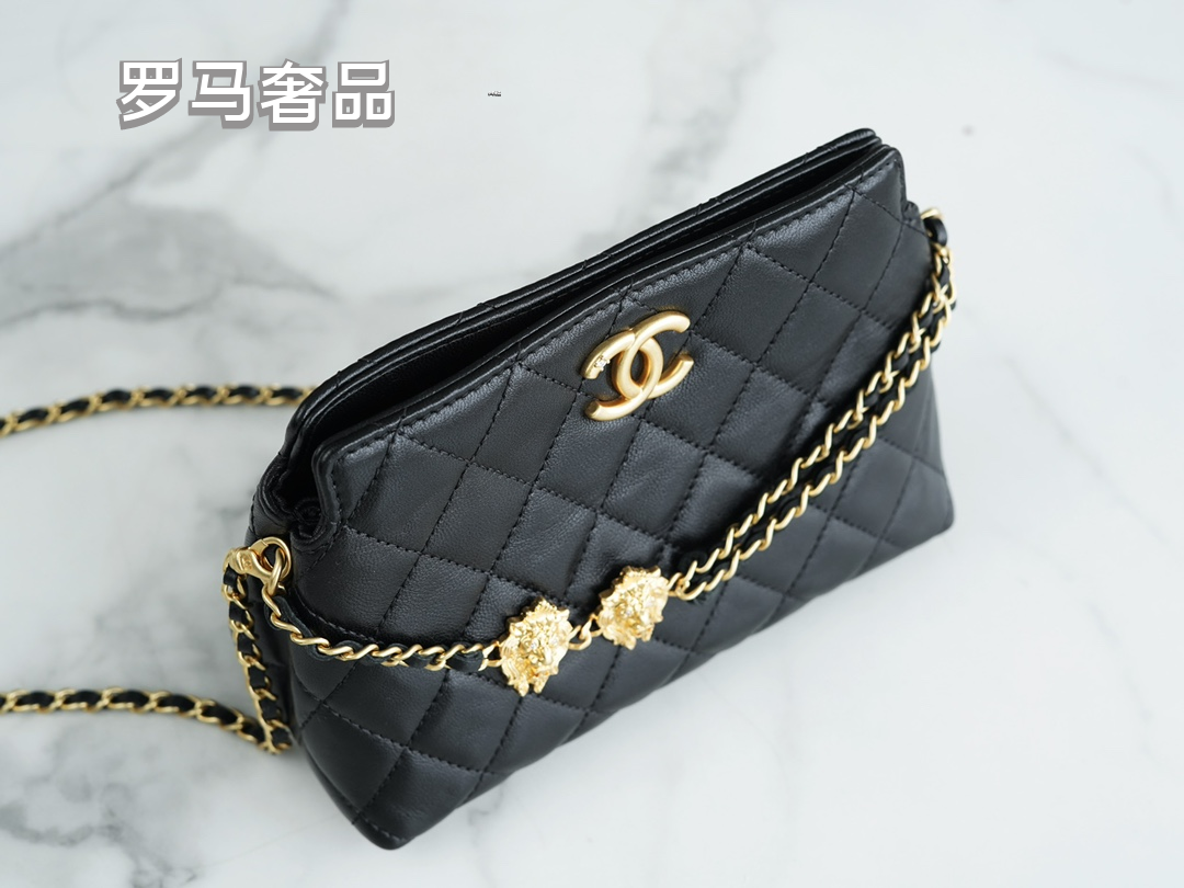 Chanel Black Quilted Leather Flap Bag with Lion Head Chain Embellishments