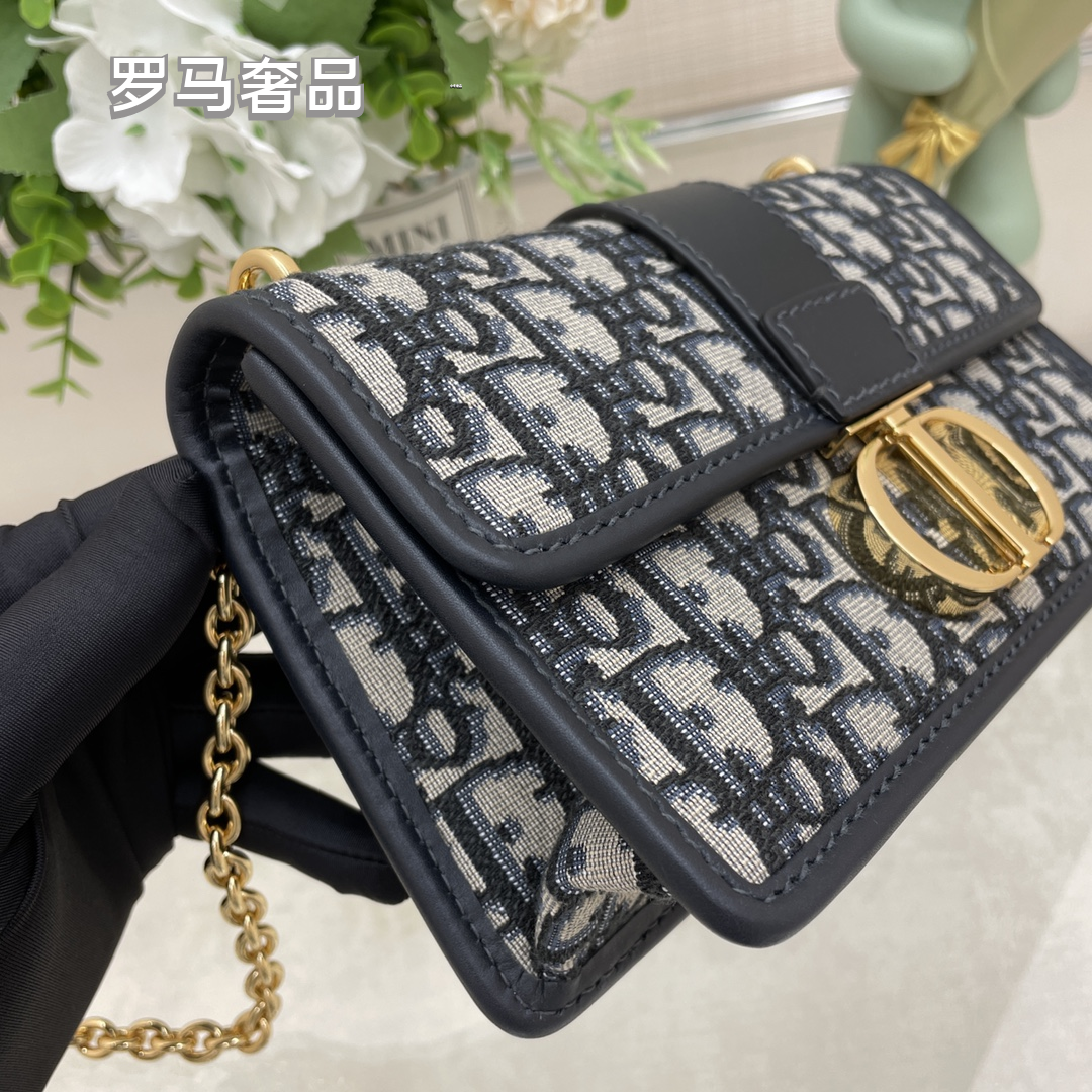 Luxury Blue Oblique Canvas Shoulder Bag with Gold CD Clasp