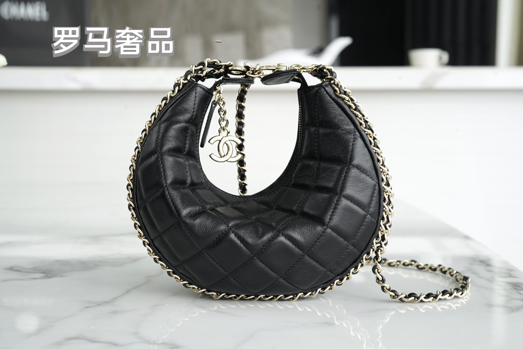 Luxury Black Quilted Leather Mini Hobo Bag with Gold-Tone Chain Strap