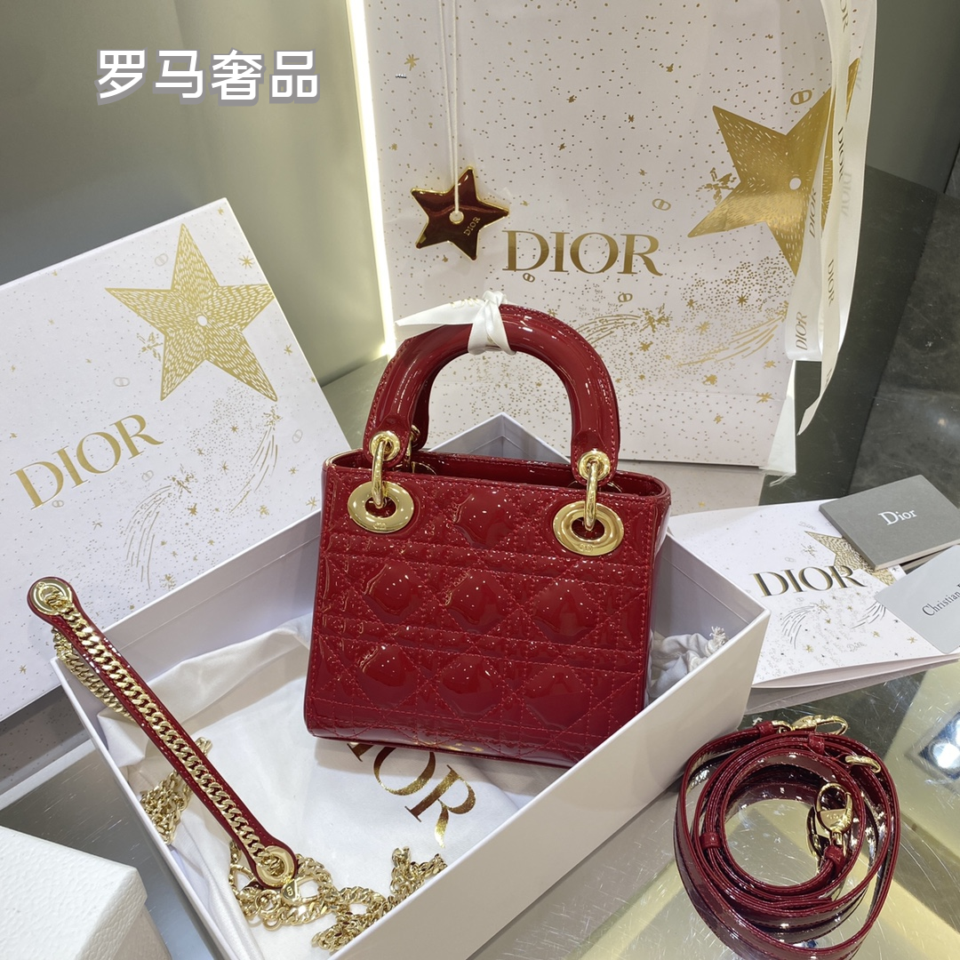Christian Dior Micro Lady Dior Bag - Red Cannage Patent Calfskin with Gold-Finish Metal