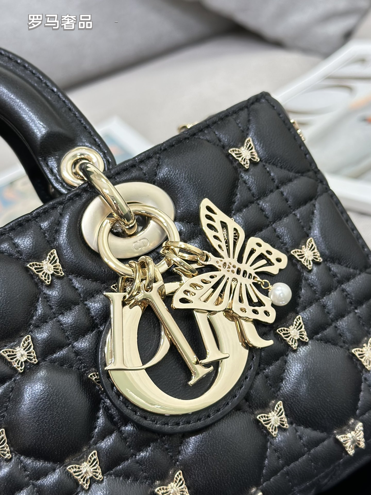 Christian Dior Lady D-Joy Bag Black Quilted Lambskin with Butterfly Charm