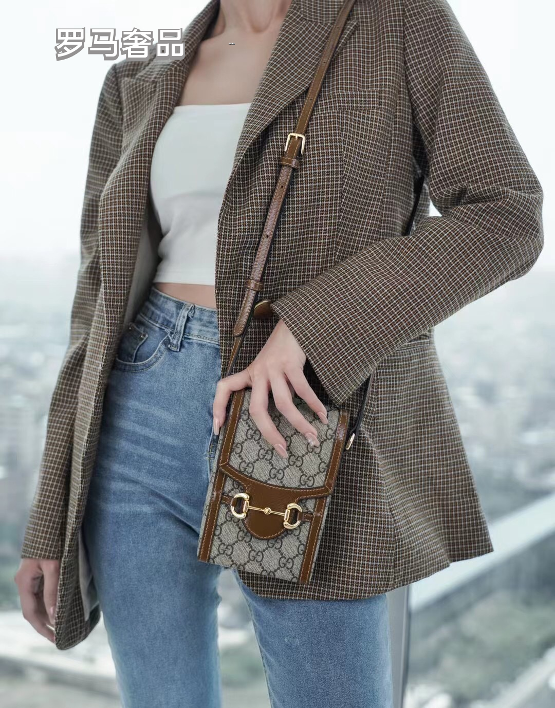 Gucci Horsebit 1955 Mini Bag in GG Supreme Canvas with Brown Leather Trim