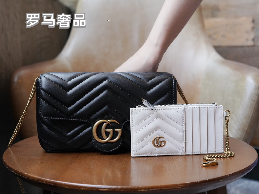 Gucci Luxury Black Chevron Quilted Leather Crossbody Bag with Gold Chain