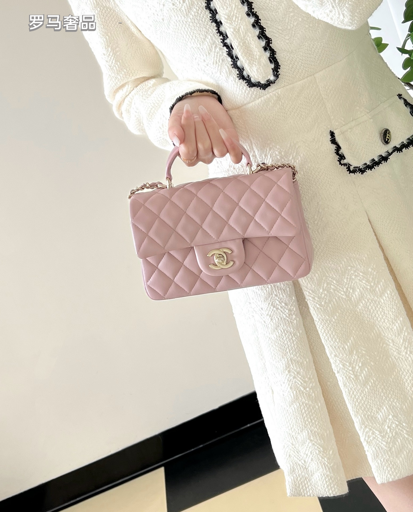Chanel Mini Top Handle Flap Bag - Light Pink Quilted Lambskin Leather
