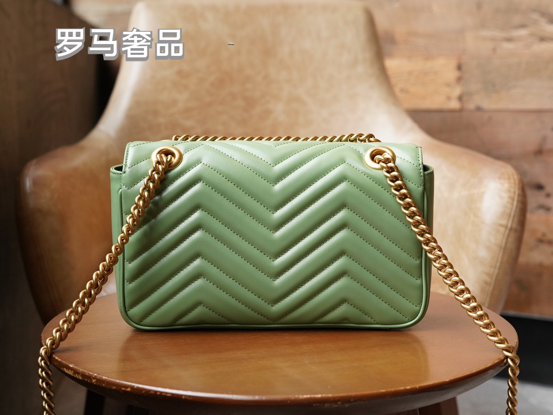 Gucci Sage Green Quilted Chevron Leather Shoulder Bag with Gold Chain