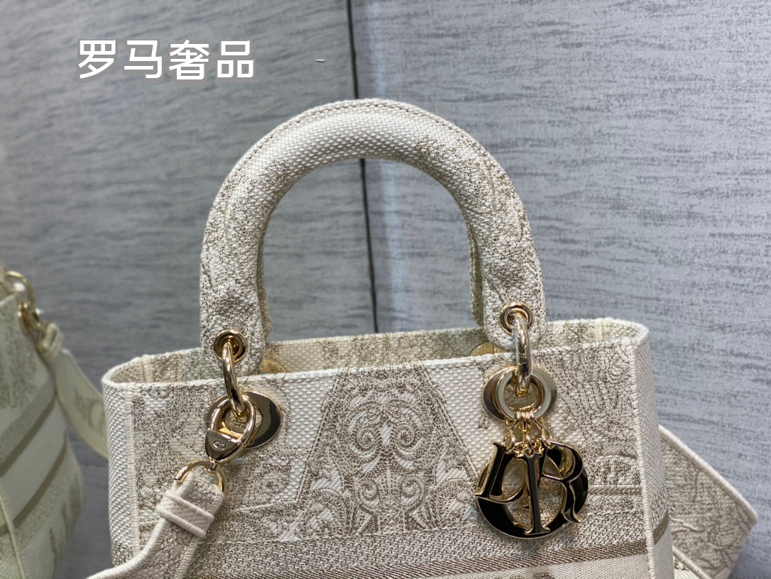 Dior Elegant Baroque Embroidered Canvas Top Handle Handbag for Women