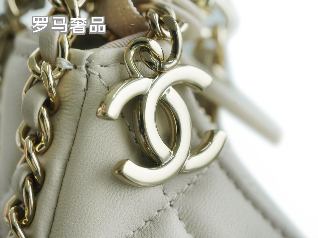 Chanel Style Small Quilted Crescent Hobo Bag in Beige with Gold-Tone Chain