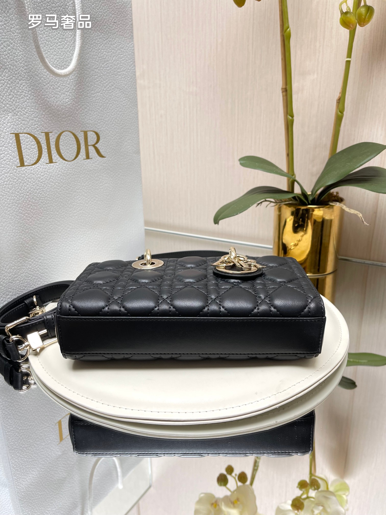 Christian Dior Lady D-Joy Bag - Black Cannage Lambskin with Gold-Finish Metal Charms