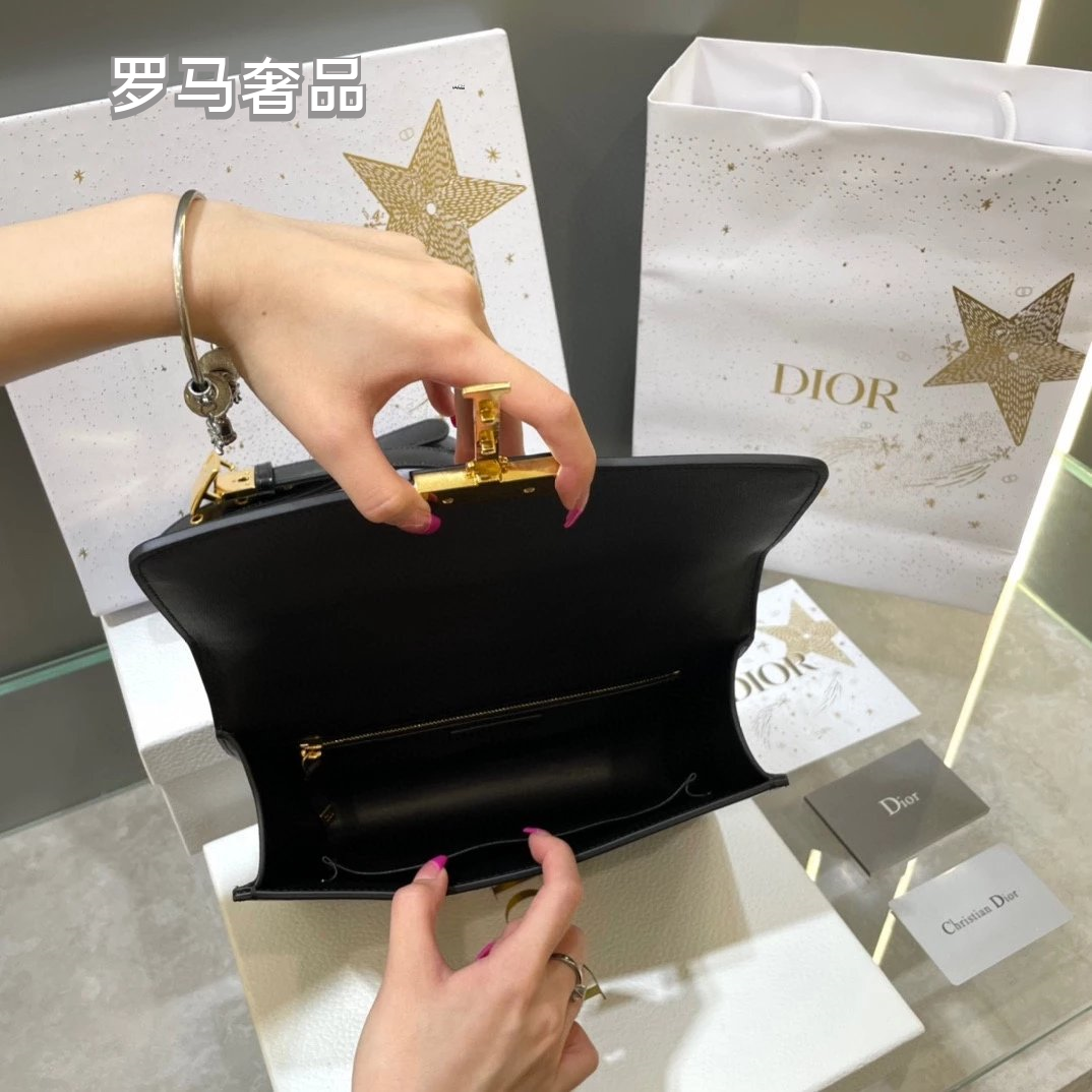 Dior Classic Black Leather Shoulder Bag with Gold Buckle Clasp