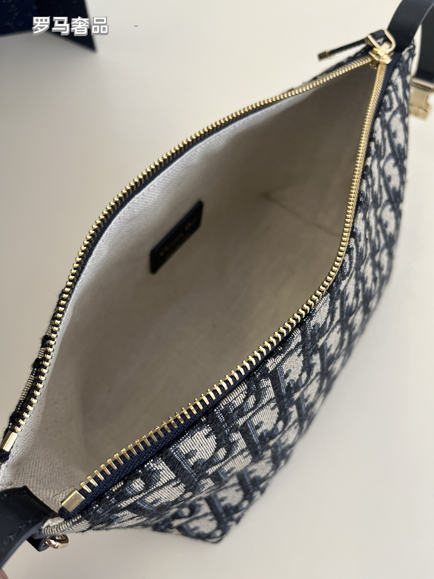 Vintage Inspired Monogram Canvas Shoulder Bag with Adjustable Strap - Navy Blue & Grey