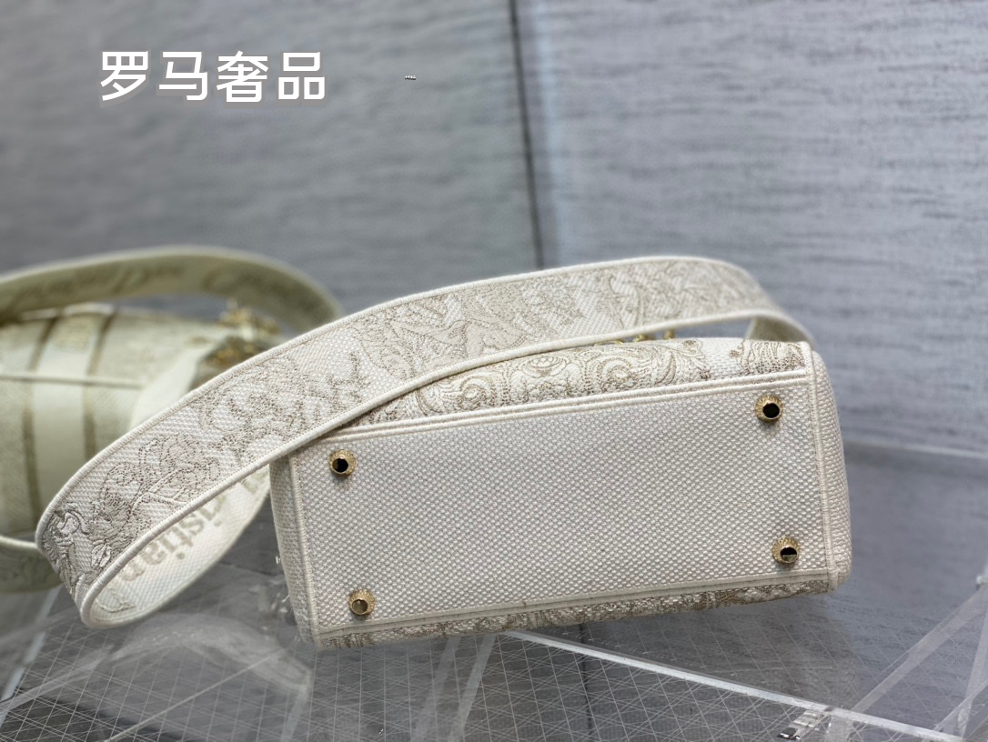 Christian Dior Lady D-Lite Medium Handbag - White and Gold-Tone Embroidered Canvas