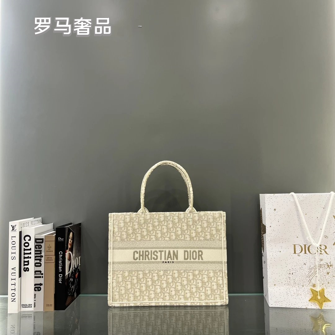 Christian Dior Book Tote Bag - Cream Oblique Embroidery Canvas Luxury Handbag