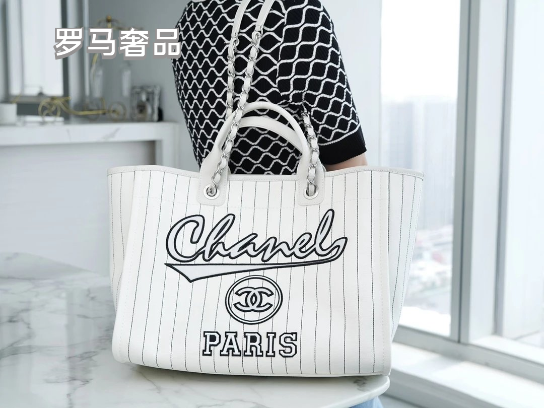 Chanel Pinstripe Deauville Canvas Tote Bag - White/Black
