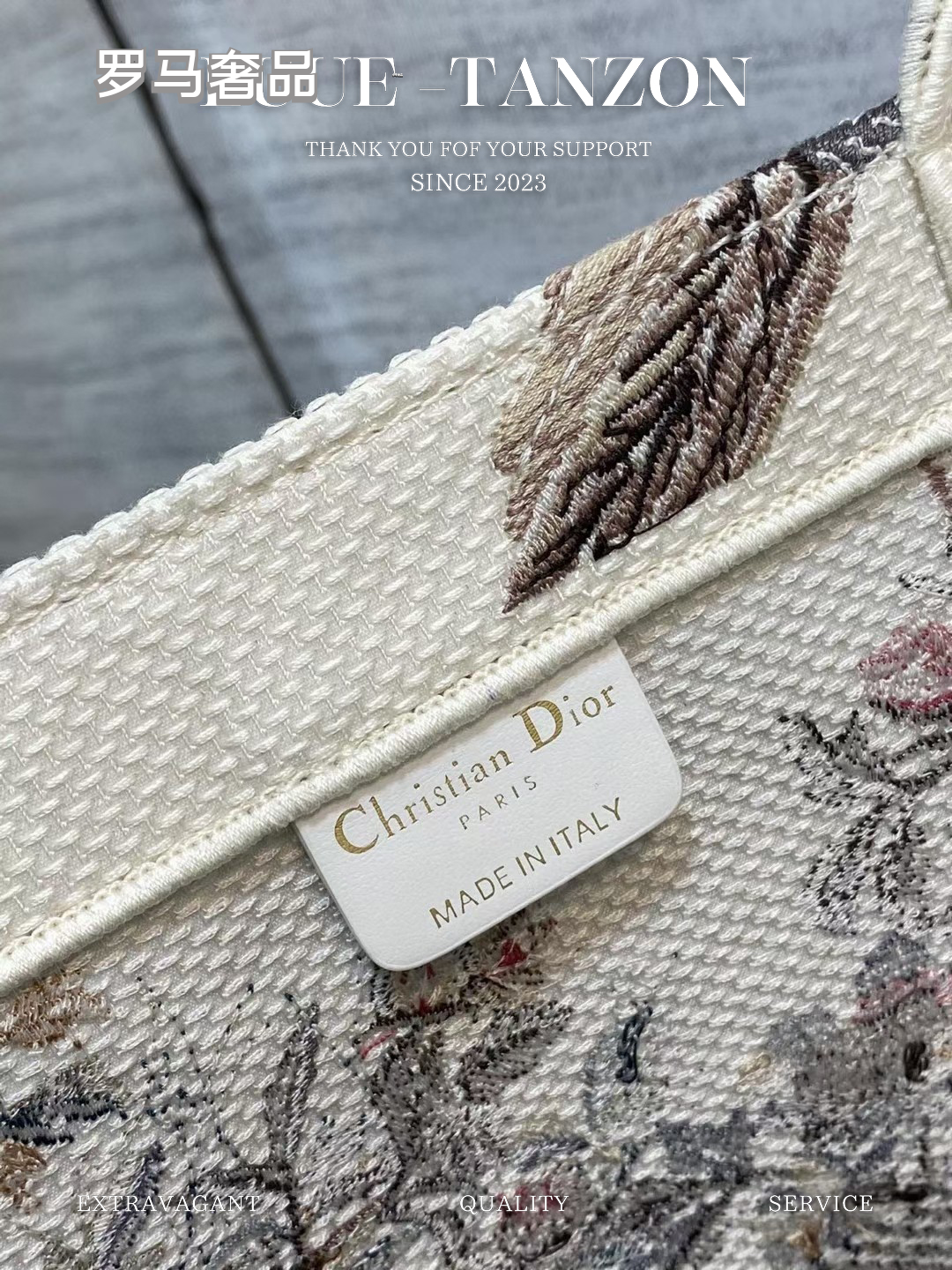 Christian Dior Large Book Tote Bag - White Canvas with Multi-Color Floral and Bird Embroidery