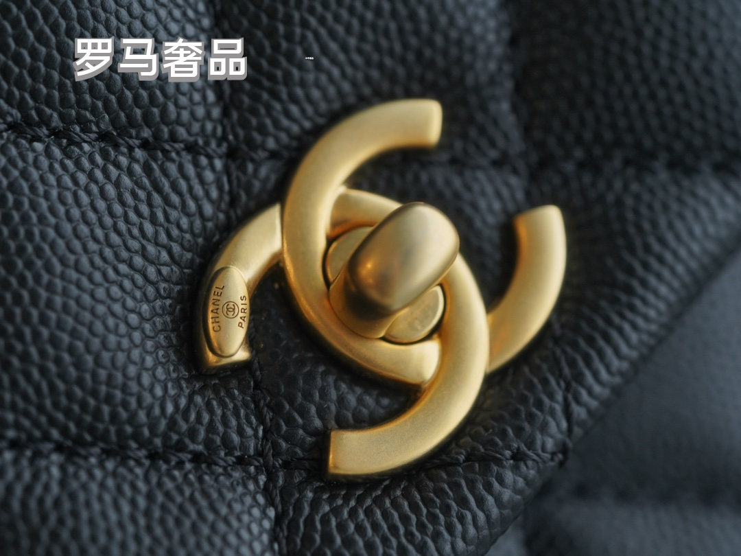 Chanel Medium Coco Handle Bag Black Quilted Caviar Leather Gold Hardware
