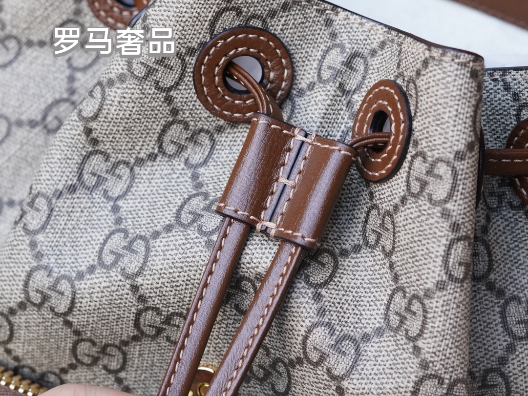 Gucci Classic Monogram Canvas Backpack with Brown Leather Trim and Drawstring