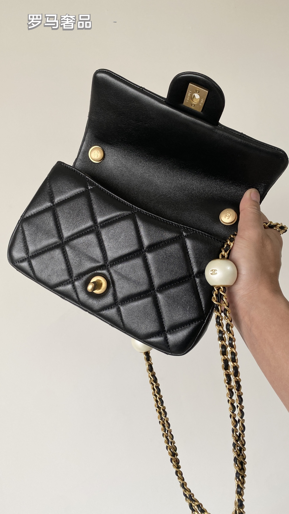 Chanel Quilted Lambskin Mini Flap Bag with Pearl Crush Chain - Black Gold Hardware