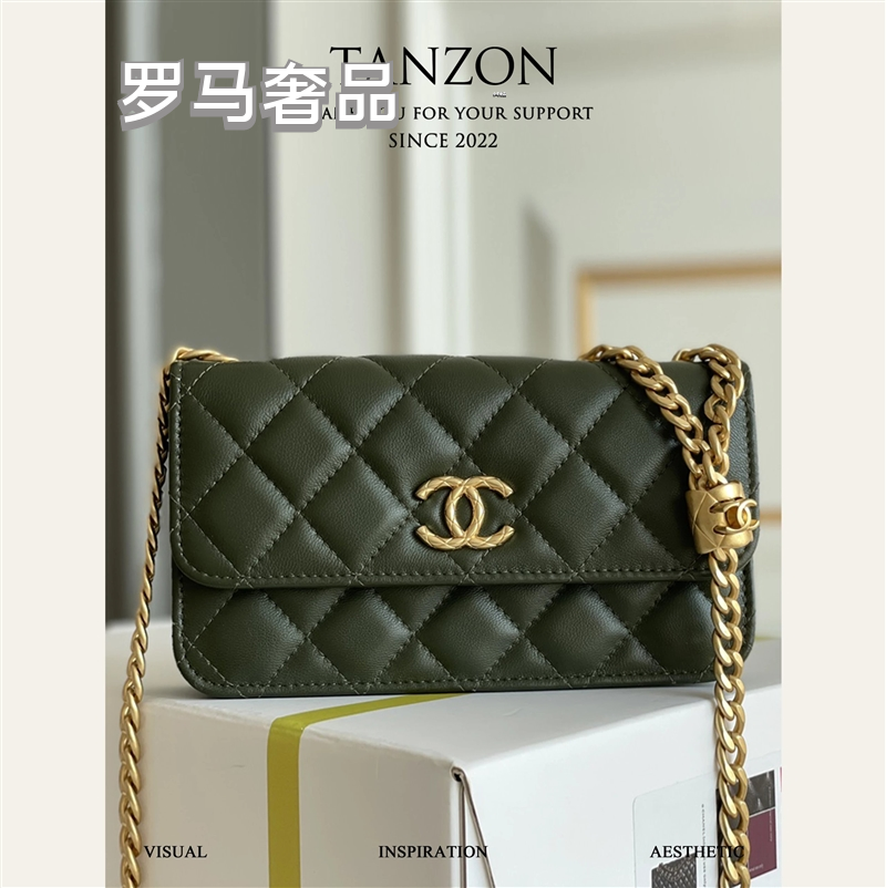 Dark Green Quilted Leather Mini Flap Bag with Gold-Tone Chain and Logo