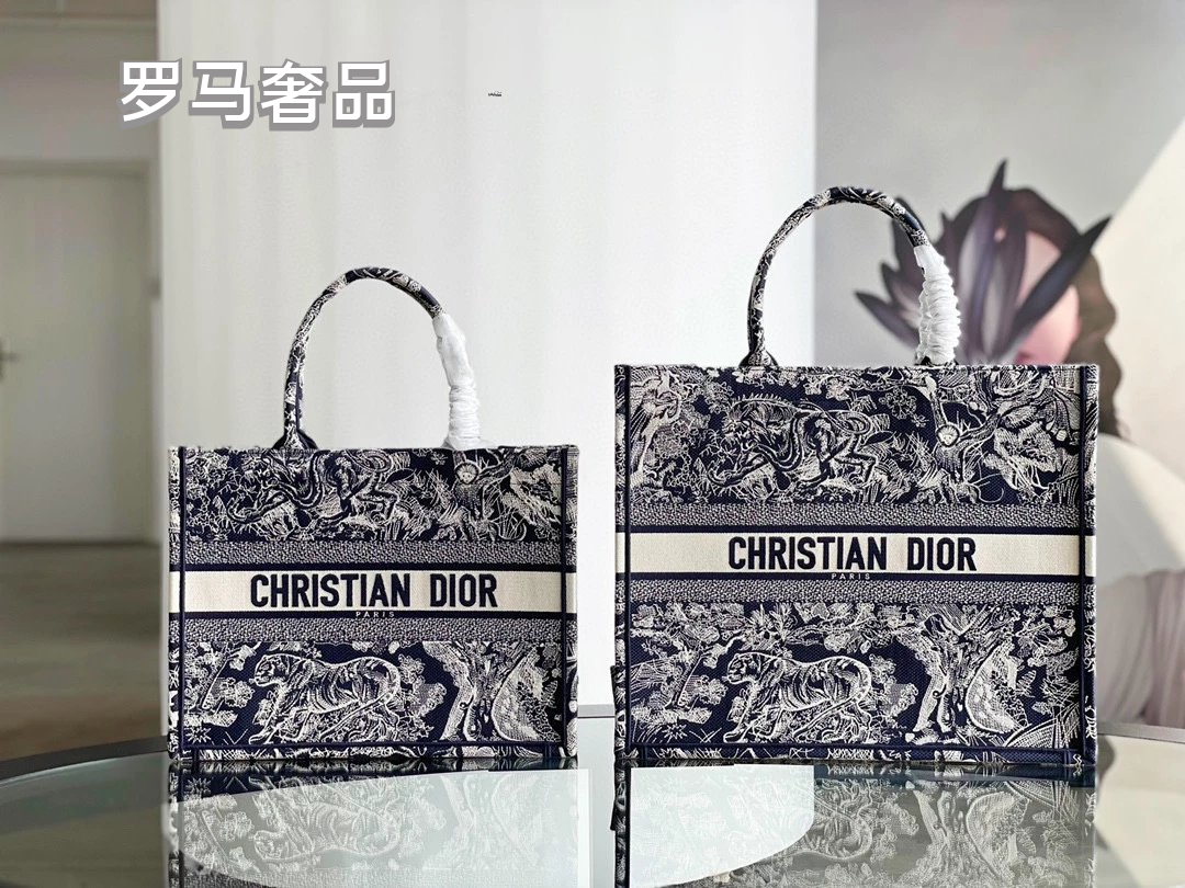 Dior Book Tote Bag Blue Toile de Jouy Embroidery